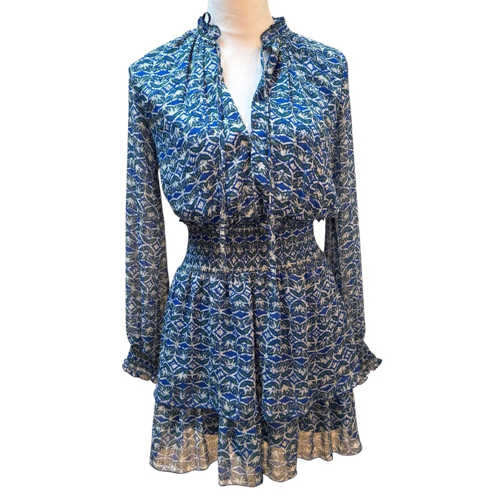 ZARA Women XS Blue Geometric‎ Floral Smocked Ruffle Tiered Chiffon Mini Dress